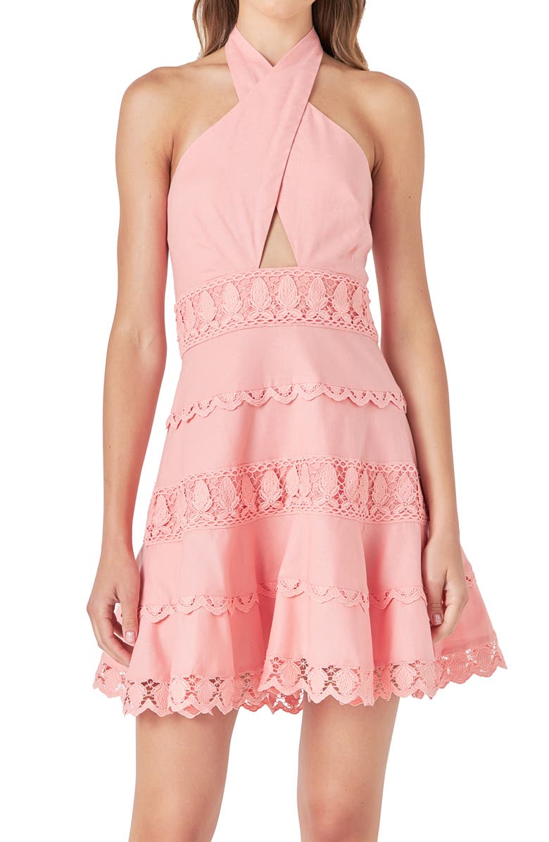 Endless Rose Halter Lace Trim Cotton & Linen Minidress, Alternate, color, Cream Puff