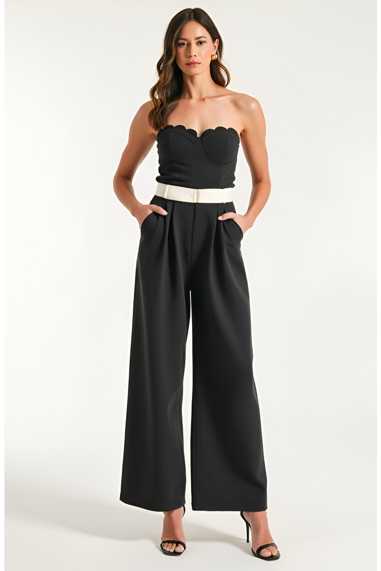 Strapless Jumpsuit with Scalloped Bodice, Waist Belt and Wide-Leg Pants, Main, color, Black