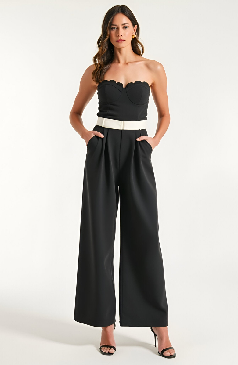 Modenaire Strapless Jumpsuit with Scalloped Bodice, Waist Belt and Wide-Leg Pants, Main, color, Black