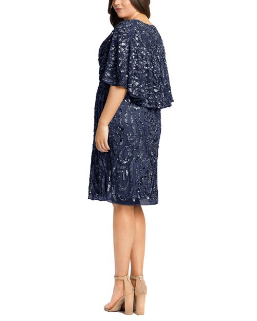 Mac Duggal Embellished Cape Sleeve Cocktail Gown In Navy