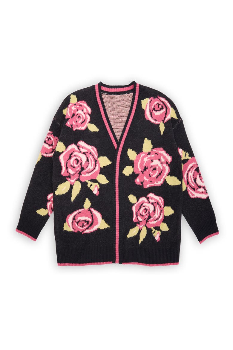 Rose Motif Cardigan, Alternate, color, BLACK