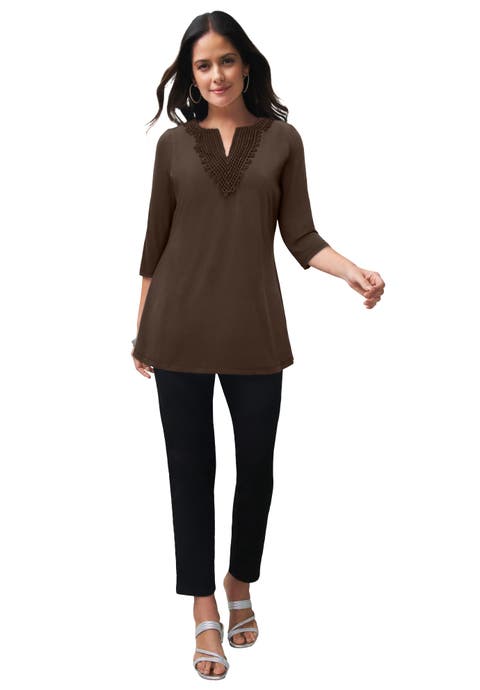 Stretch Cotton Crochet Notch Neck Tunic (plus)