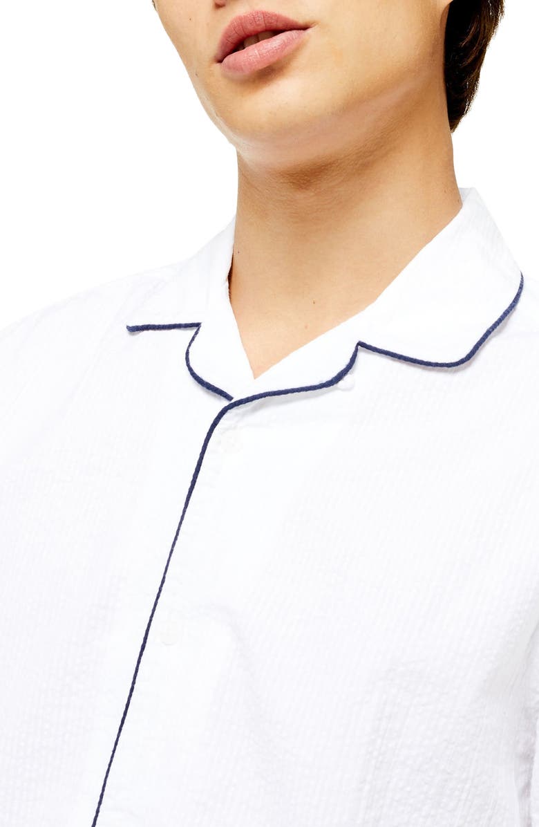Topman Piped Seersucker Short Sleeve Button-Up Shirt, Alternate, color,