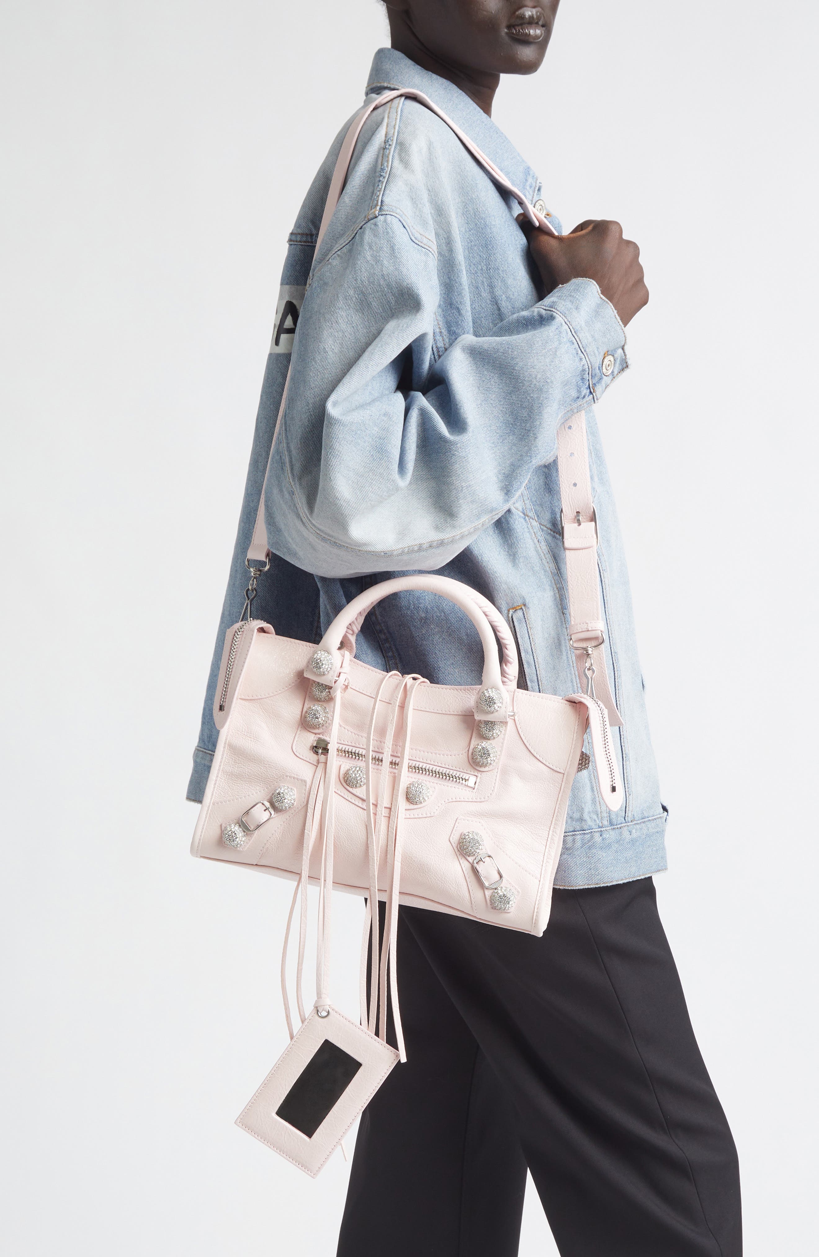 Small Le City Giant Stud Leather Top Handle Bag, Alternate, color, 5723 PETAL PINK