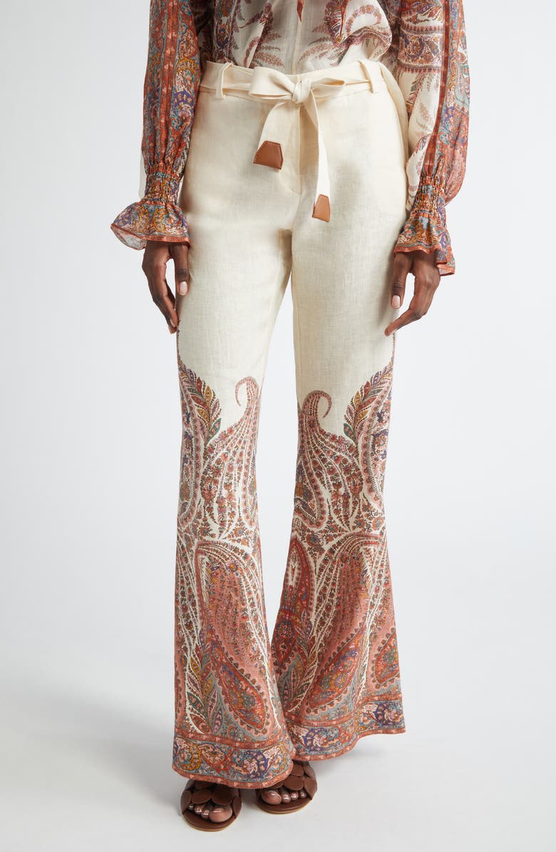 Zimmermann Rhiannon Paisley Print Belted Linen Flare Pants, Main, color, Cream Paisley