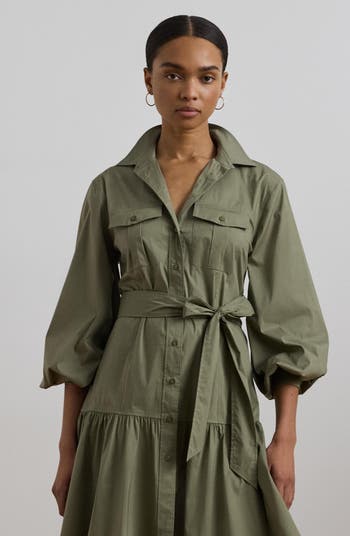 Lauren Ralph Lauren Ruffle Hem Tie Waist Long Sleeve Cotton