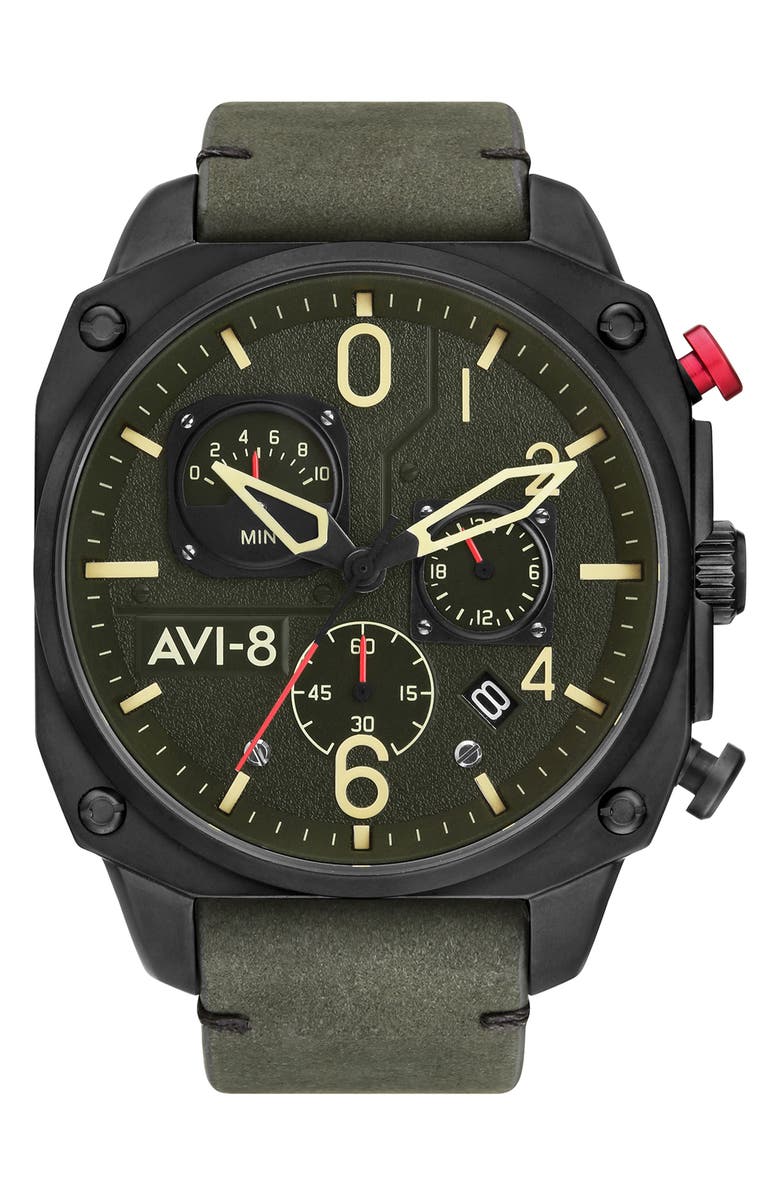 AVI-8 Hawker Hunter Retrograde Chronograph Leather Strap Watch, 45mm, Main, color, Green