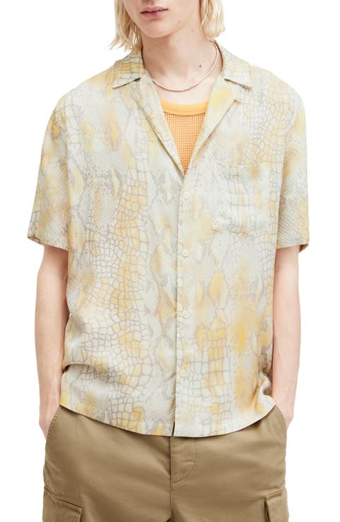 Skrale Snake Print Convertible Collar Camp Shirt