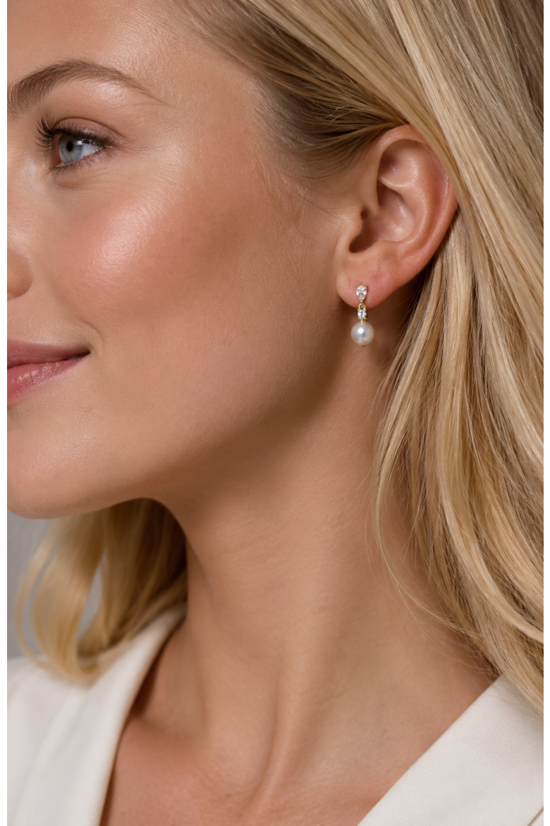 Pear Cut Cubic Zirconia Faux Pearl Drop Earrings, Alternate, color, Gold