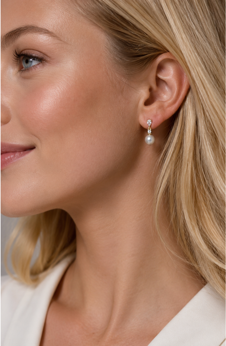 DLORIA Pear Cut Cubic Zirconia Faux Pearl Drop Earrings, Alternate, color, Gold