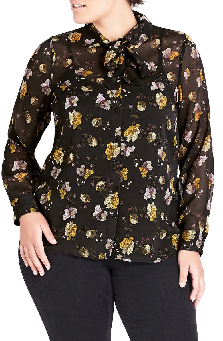 City Chic Noveau Floral Tie Neck Blouse, Main, color, 