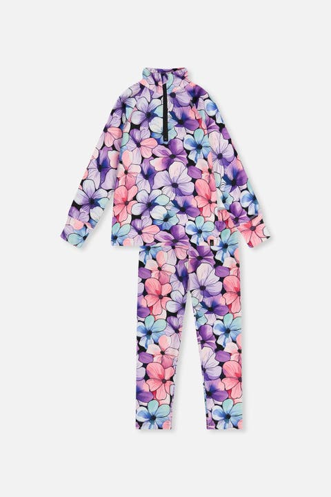 Two Piece Floral Brushed Half-Zip Top & Pants Thermal Underwear
