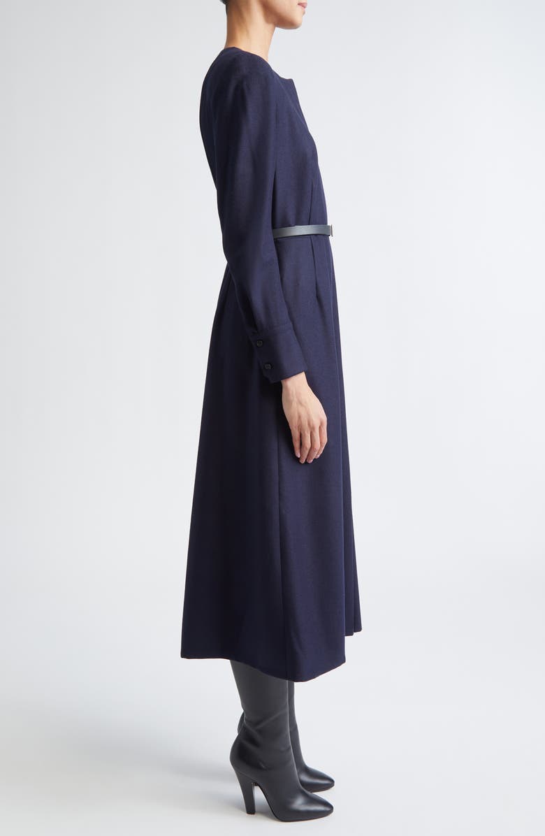 Akris Belted Long Sleeve Wool Flannel Dress, Alternate, color, Navy