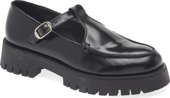 Steve Madden【新作SALE♪】LEONA ローファー Steve Madden Leona - Black Leather Loafers - T-Strap Loafers