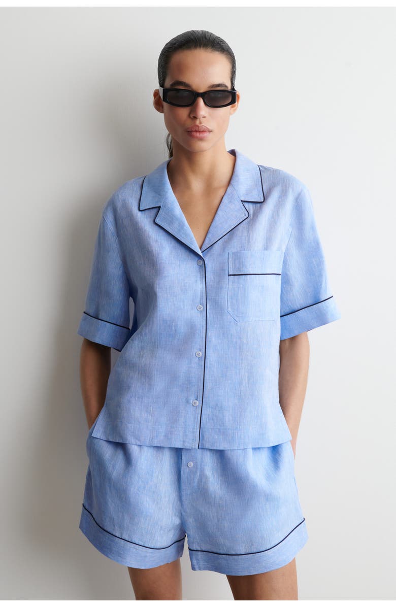 COS Contrast-piped Linen Resort Shirt, Main, color, Blue Mélange