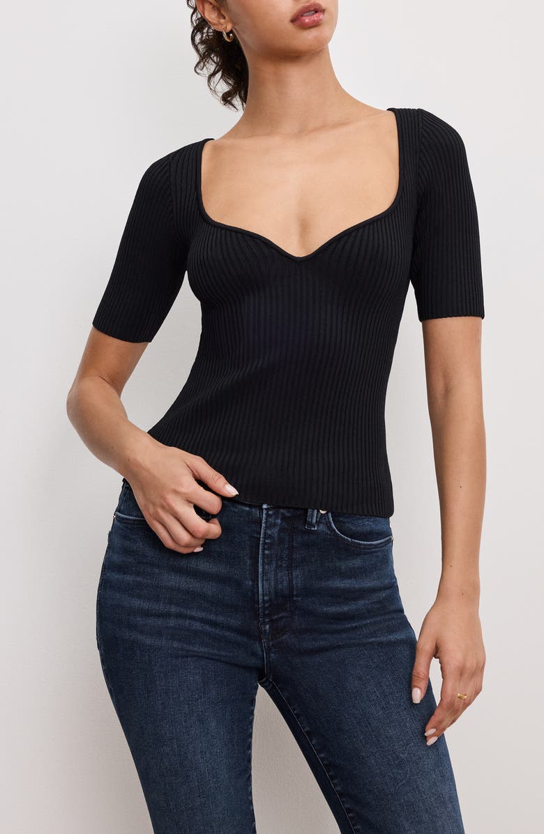 Good American Virgo Short Sleeve Rib Top, Main, color, Black