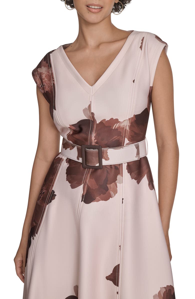 Calvin Klein Floral V-Neck Belted Midi A-Line Dress, Alternate, color, Coffee Bean Multi