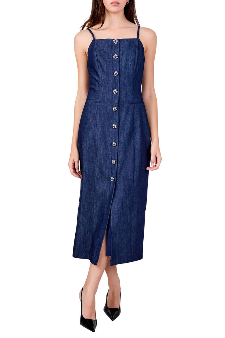 Front Button Denim Maxi Dress, Main, color, NAVY DENIM