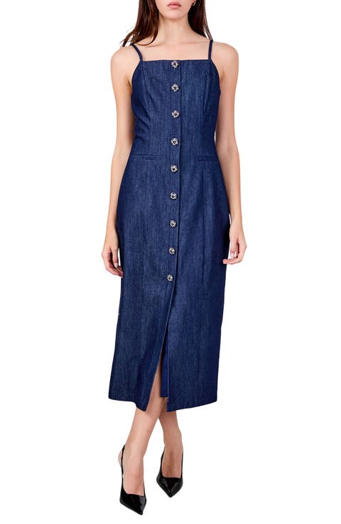 Front Button Denim Maxi Dress