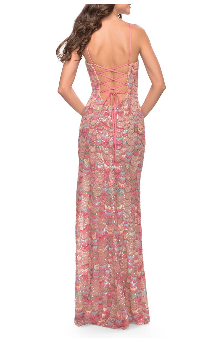 La Femme Print Sequin Dress with High Slit and Strappy Back, Alternate, color, Multi