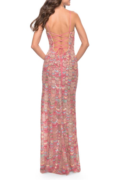 La Femme Print Sequin Dress With High Slit And Strappy Back In Multi