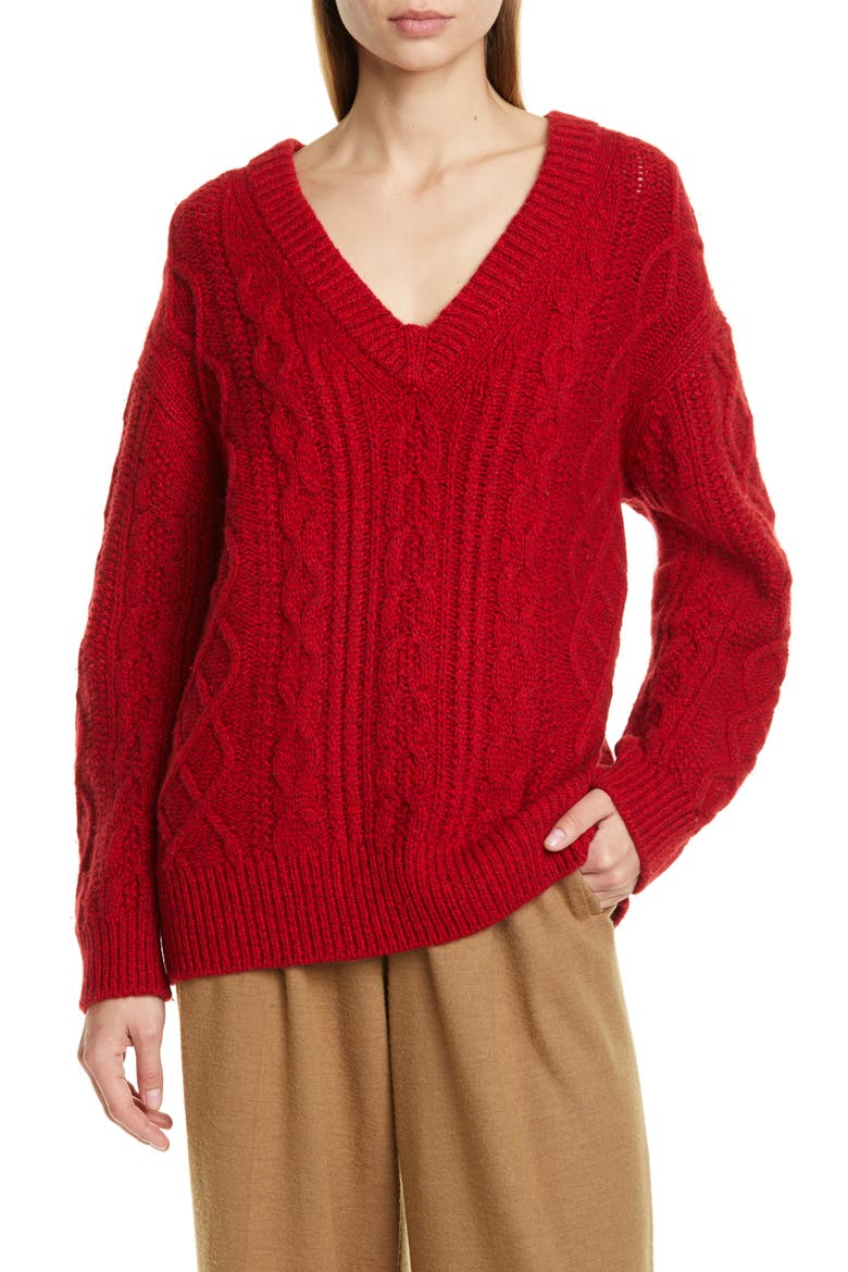 Cable Merino Wool & Cashmere Blend Sweater, Main, color, CHERRY