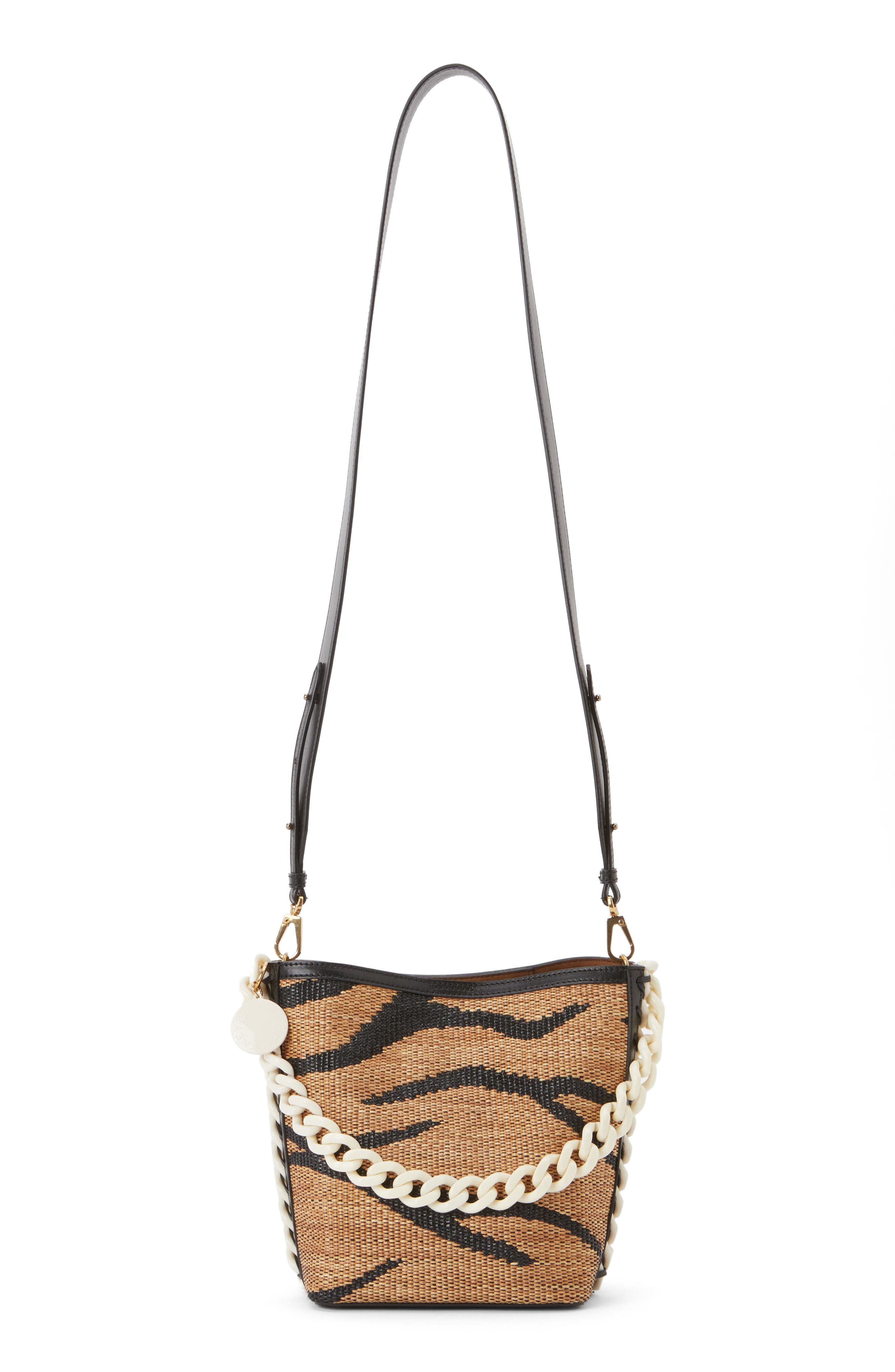 Stella McCartney Frayme Raffia Jacquard Bucket Bag, Main, color, 