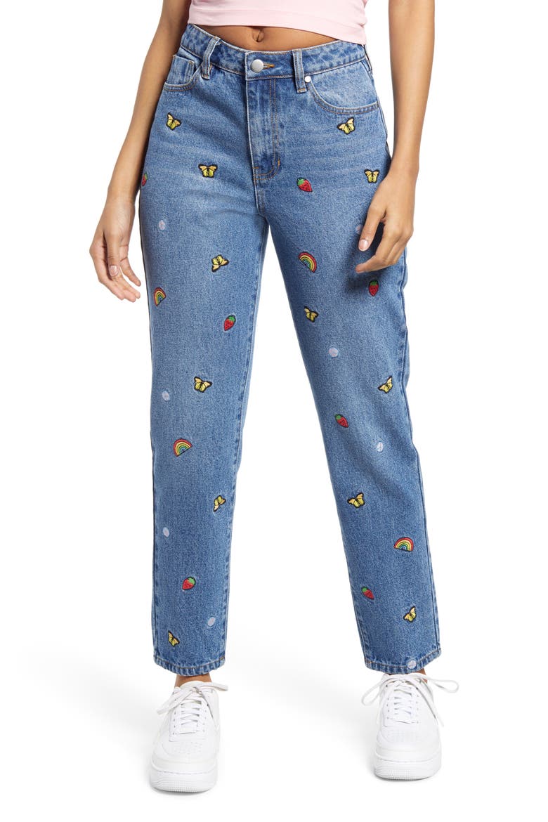 Mixed Embroidery Mom Jeans, Main, color, BLUE MEDIUM MIXED EMB