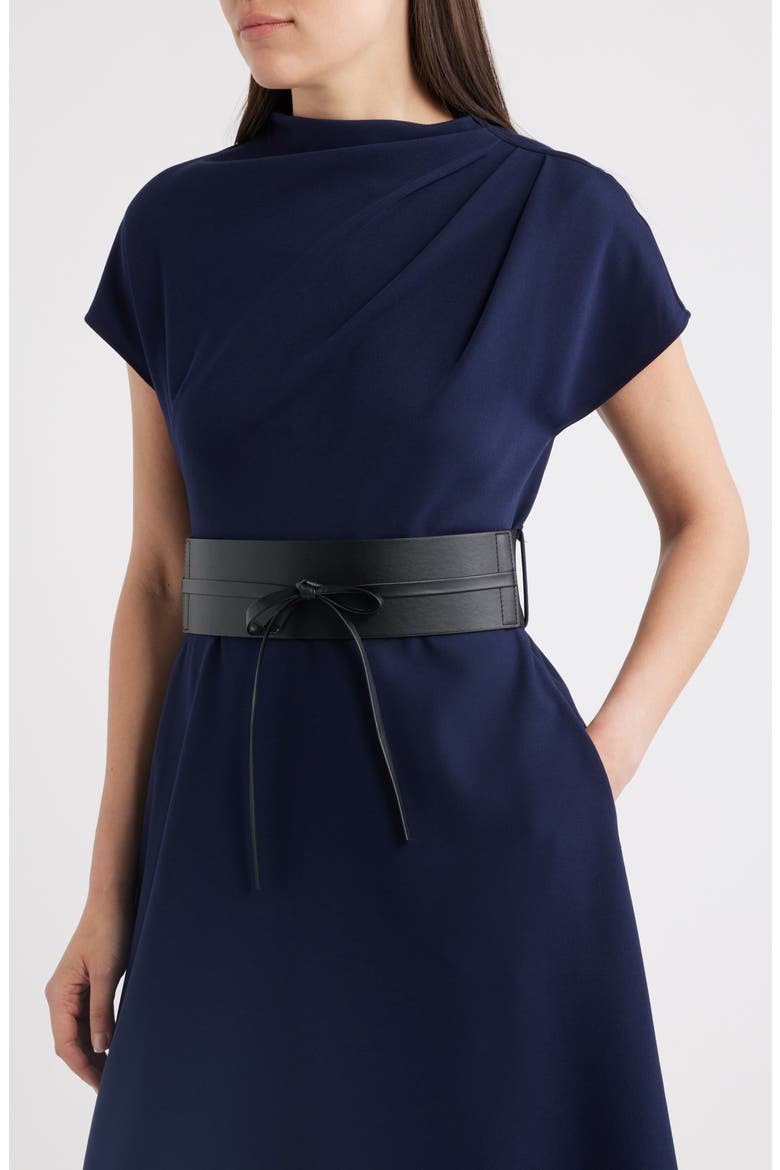 Funnel Neck Flared Midi Dress, Alternate, color, NAVY