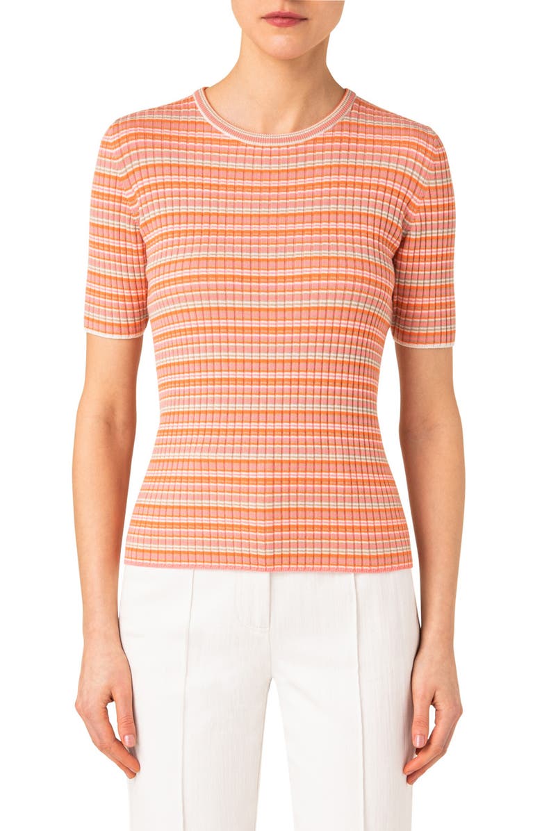 Akris punto Stripe Short Sleeve Rib Virgin Merino Wool Sweater, Main, color, 
