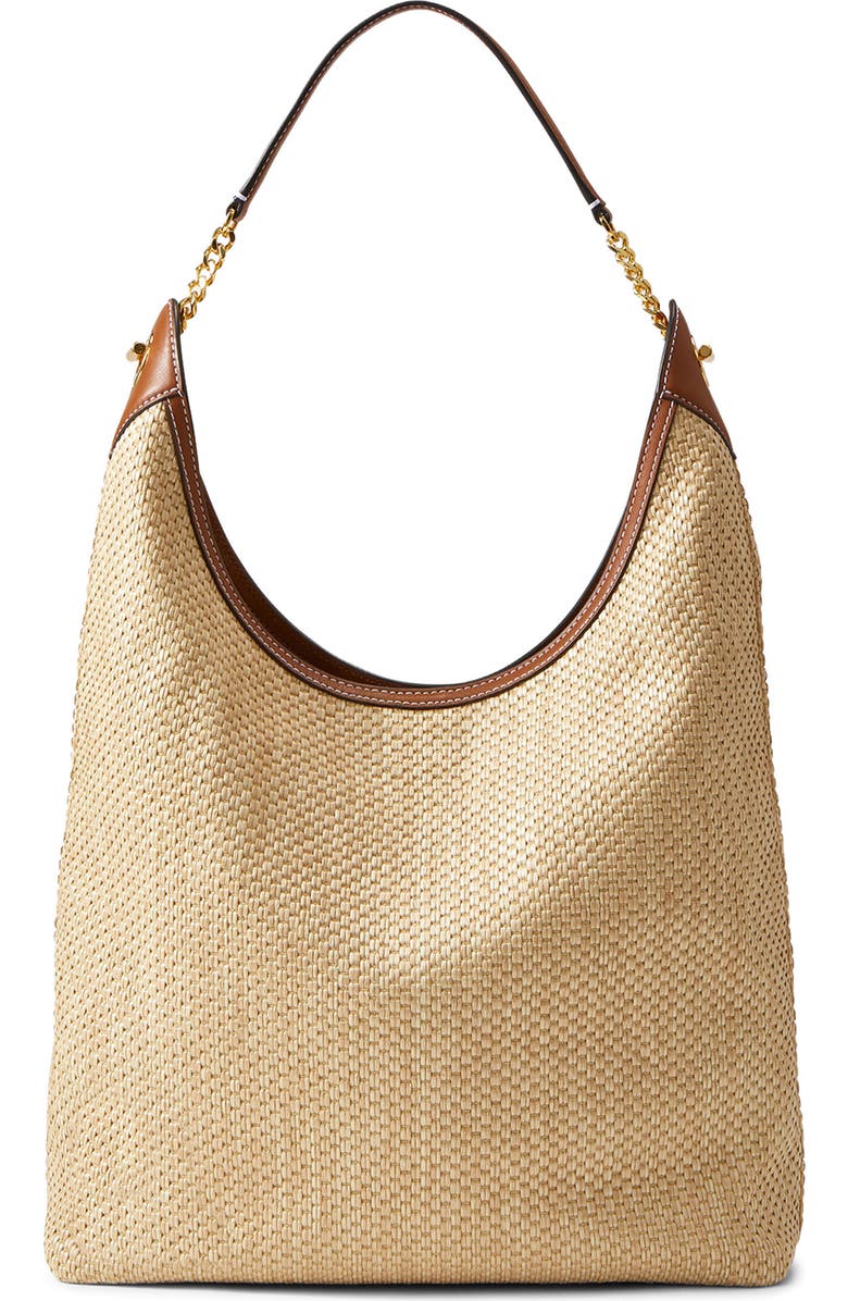 Veronica Beard Jour Raffia & Leather Shoulder Bag, Main, color, Hazelwood Natural