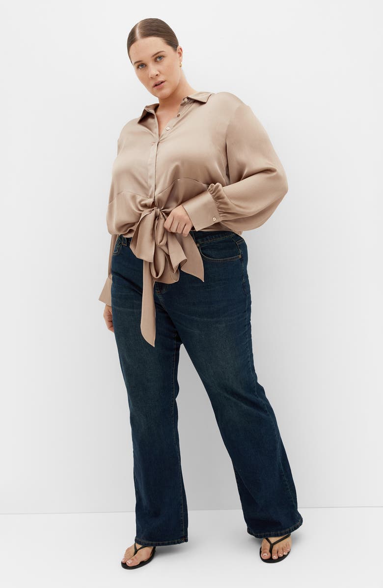 City Chic Ellie Long Sleeve Tie Front Satin Shirt, Alternate, color, Taupe