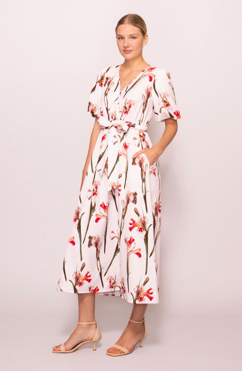 MELLODAY Tie Waist Midi Dress, Alternate, color, Ivory Red