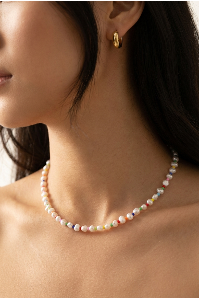 Freshwater Baroque Pearl 18K Gold Plated Rainbow Necklace And Huggie Earring Set, Alternate, color, Metallic Gold
