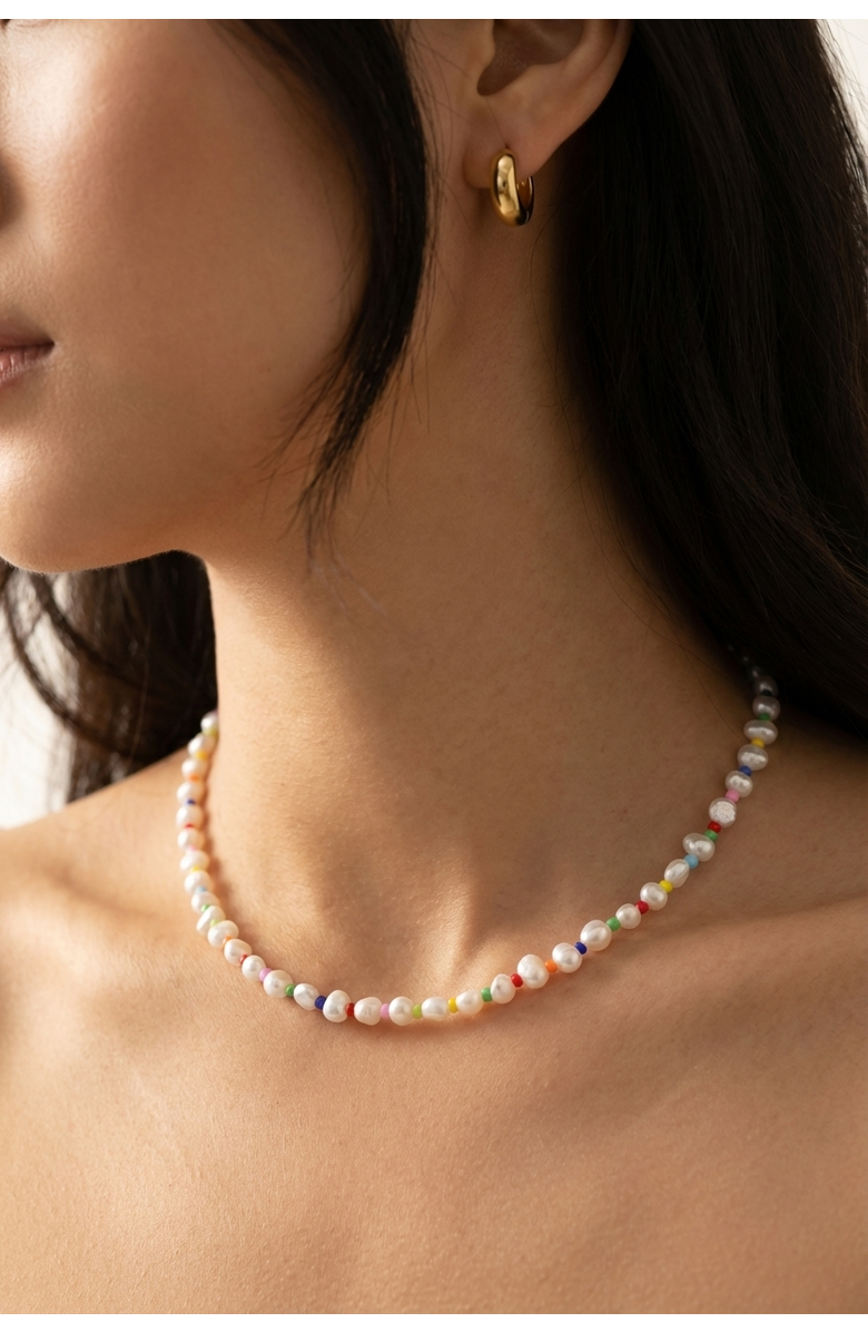 Joey Baby Freshwater Baroque Pearl 18K Gold Plated Rainbow Necklace And Huggie Earring Set, Alternate, color, Metallic Gold