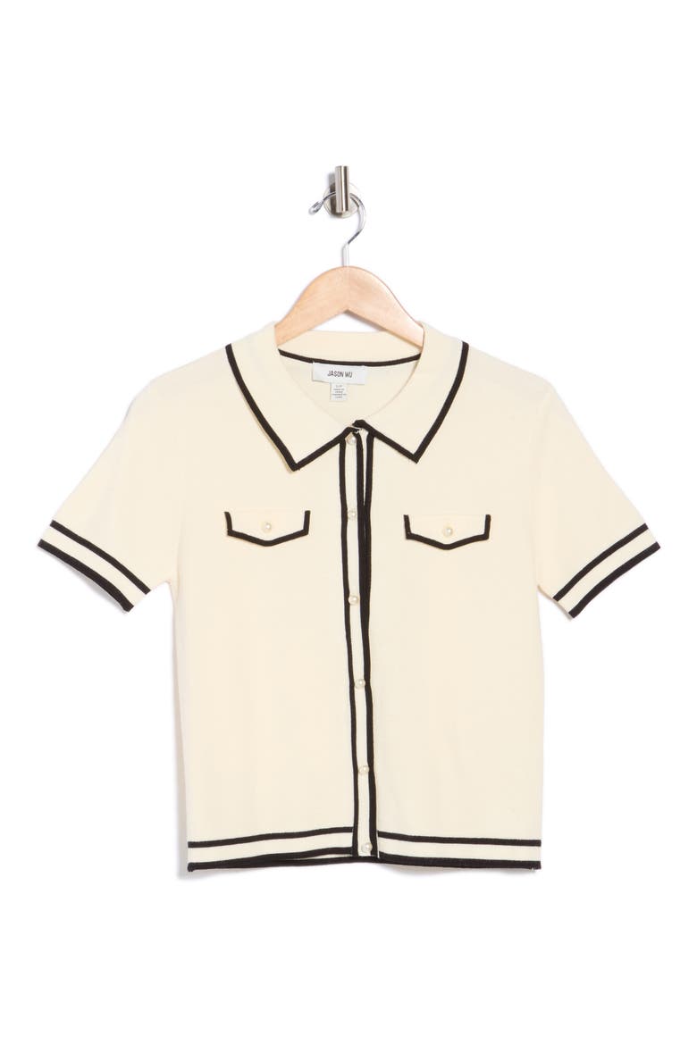 Pearly Button Short Sleeve Crop Sweater, Alternate, color, IVORY/ BLACK