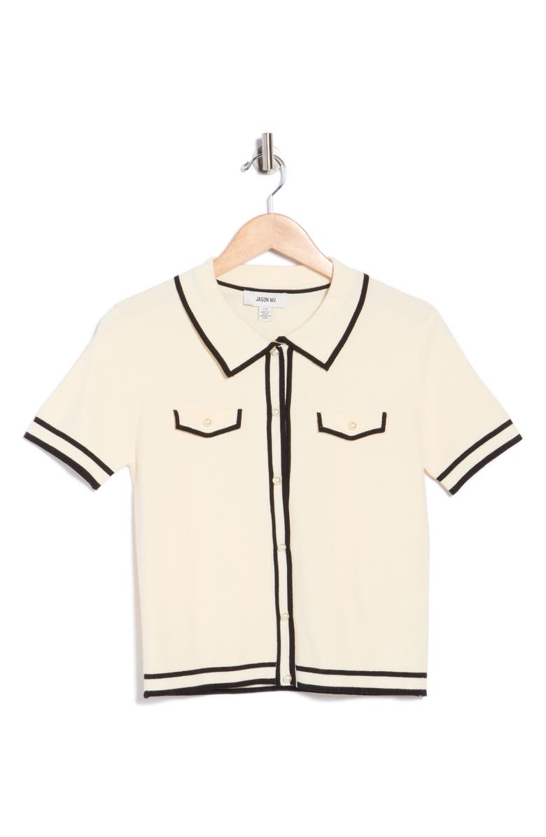 JASON WU Pearly Button Short Sleeve Crop Sweater, Alternate, color, Ivory/ Black