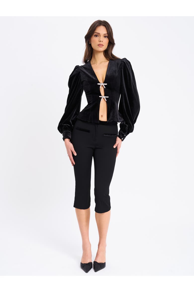 Krista Velvet Lantern Sleeve Top with Crystal Bow, Alternate, color, Black