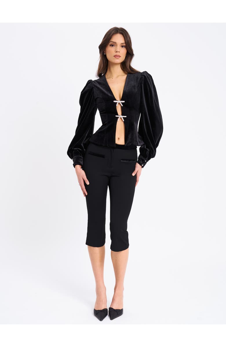 Miss Circle Krista Velvet Lantern Sleeve Top with Crystal Bow, Alternate, color, Black