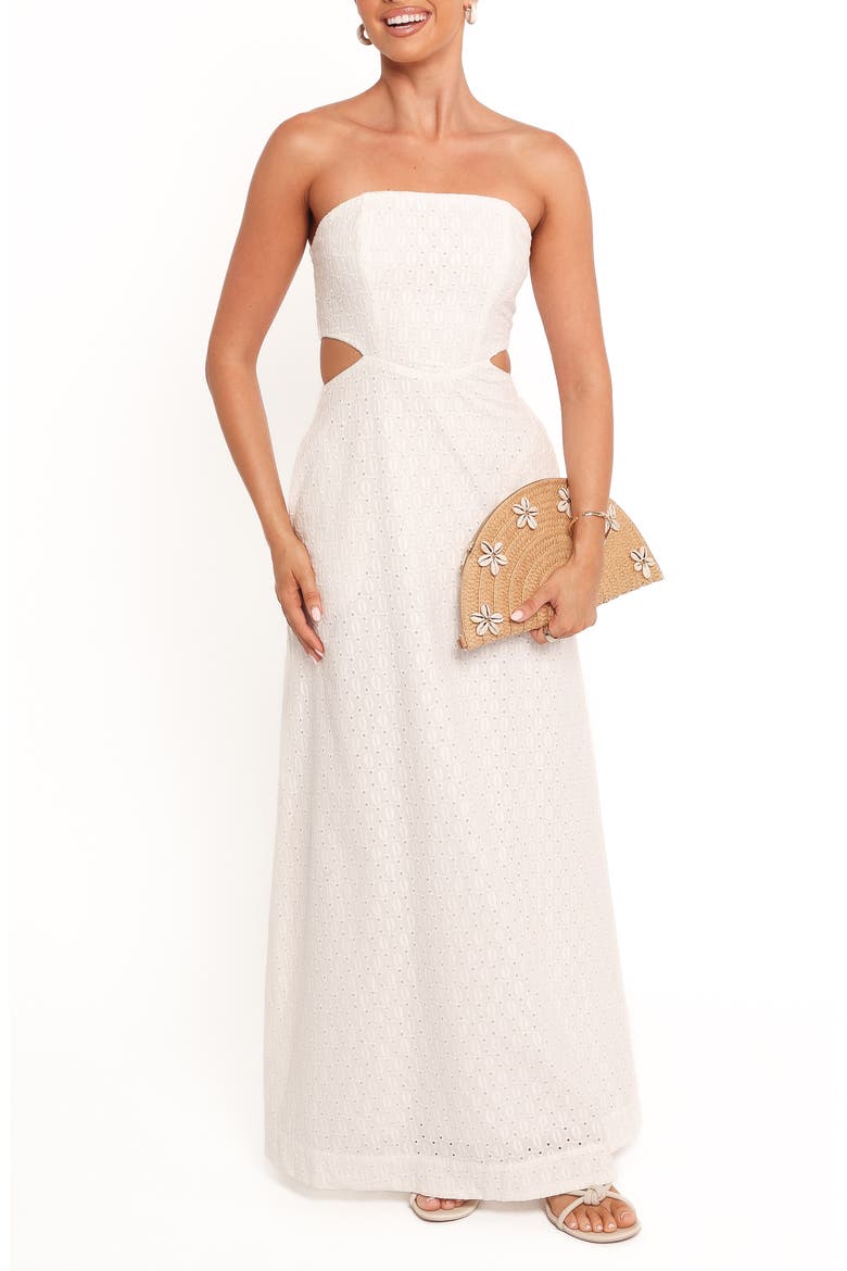 Laura Eyelet Strapless Maxi Dress, Main, color, WHITE