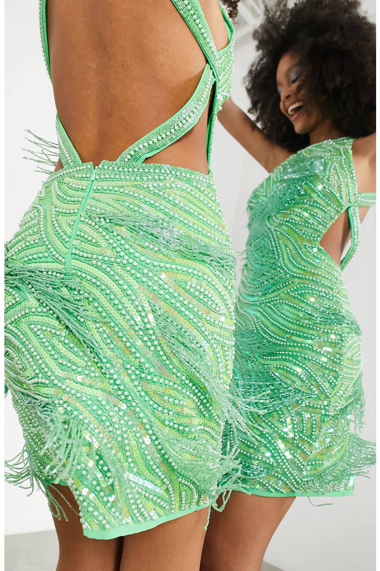EDITION Beaded Sequin Fringe Open Back Dress, Alternate, color, LIGHT GREEN