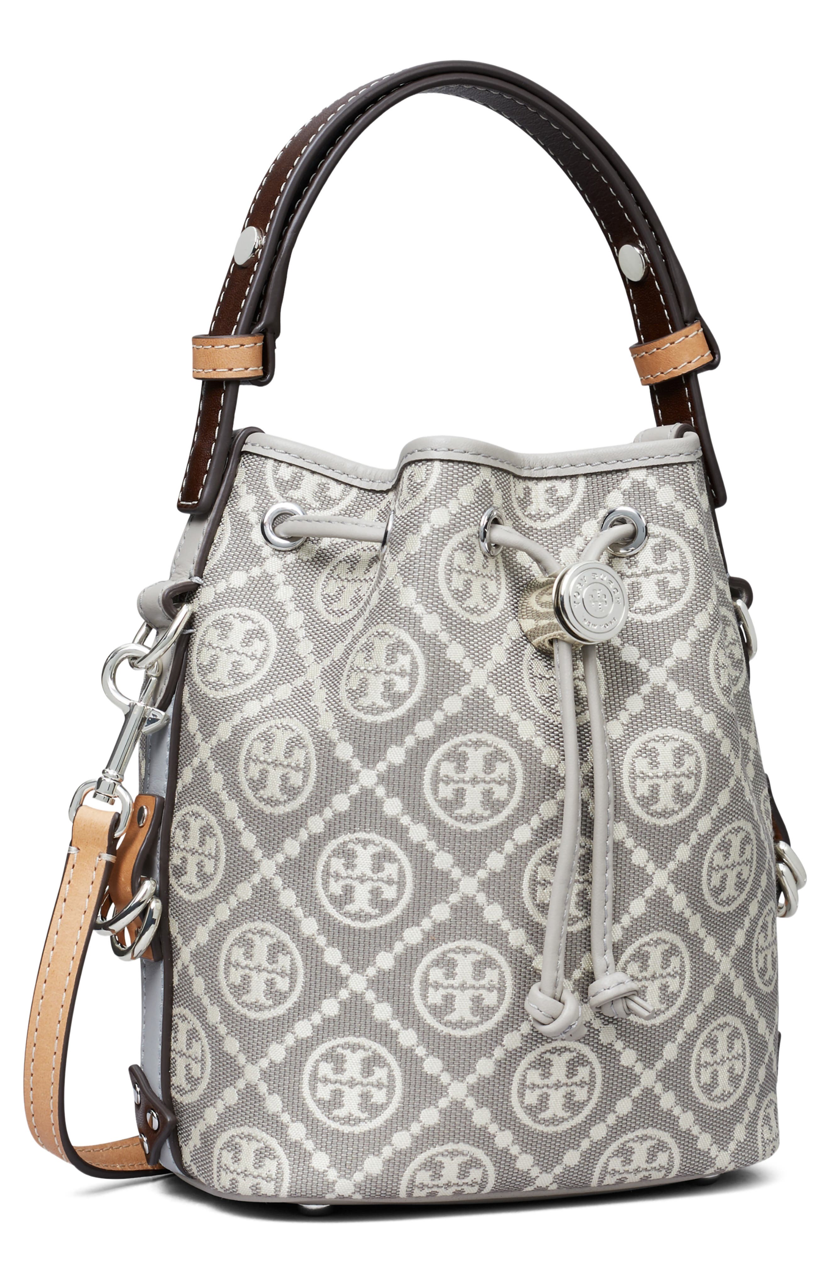 Tory Burch Mini T Monogram Jacquard Utility Bucket Bag, Alternate, color, Gray