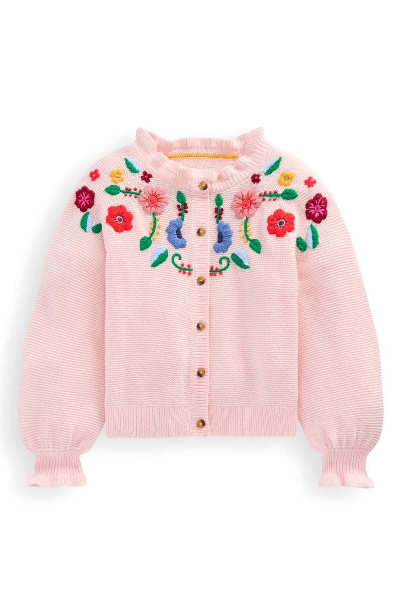 Mini Boden Kids' Floral Embroidered Balloon Sleeve Cotton Cardigan, Main, color, Chalk Pink