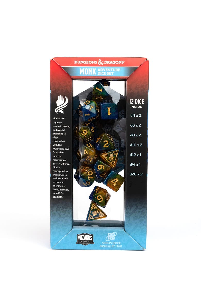 Dungeons & Dragons D&D Adventure Dice Monk Blue & Gold, 12Pc Rpg Set, Alternate, color, Multicolored