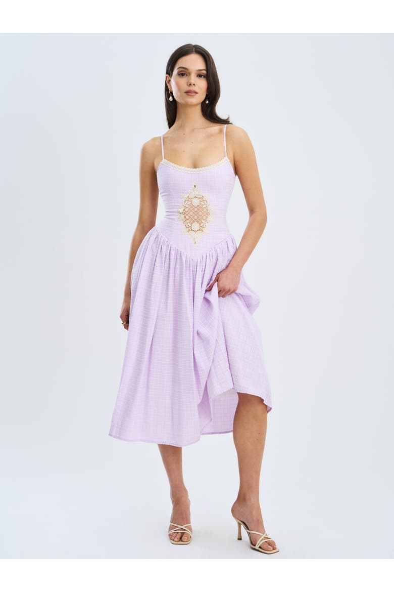 Jaclyn Lace Trim Cutout Seersucker Midi Dress, Alternate, color, Lavender