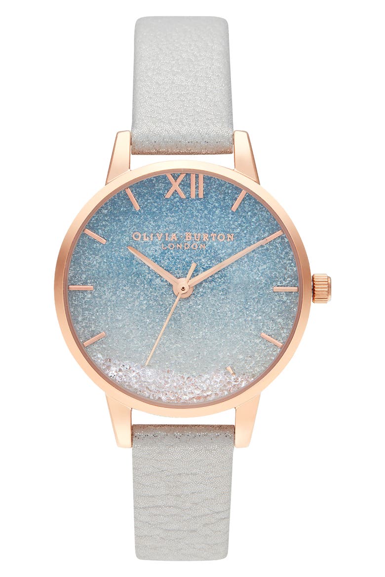 Wishing Waves Shimmer Leather Strap Watch, 30mm, Main, color, WHITE SHIMMER/ ROSE GOLD