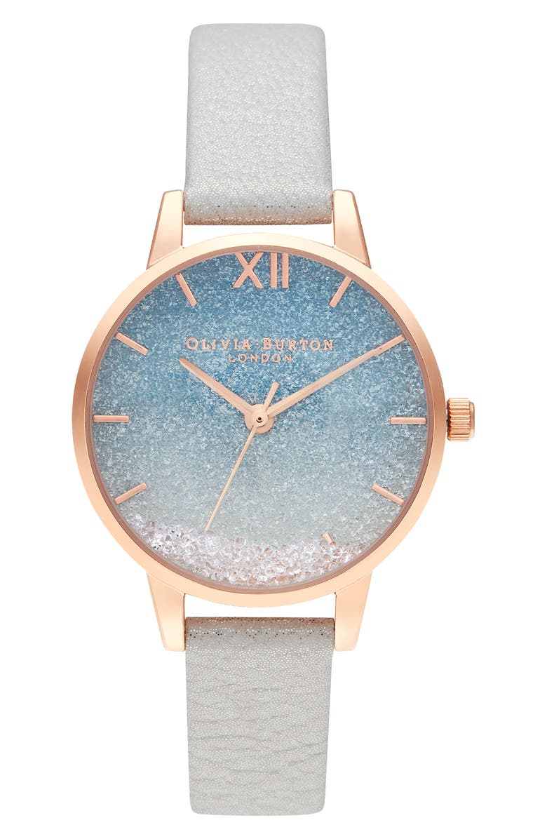 Olivia Burton Wishing Waves Shimmer Leather Strap Watch, 30mm, Main, color,