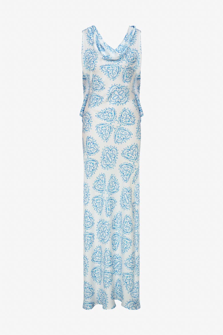 Bleu Ceramic Print Maxi Dress With Open Back, Alternate, color, Blue