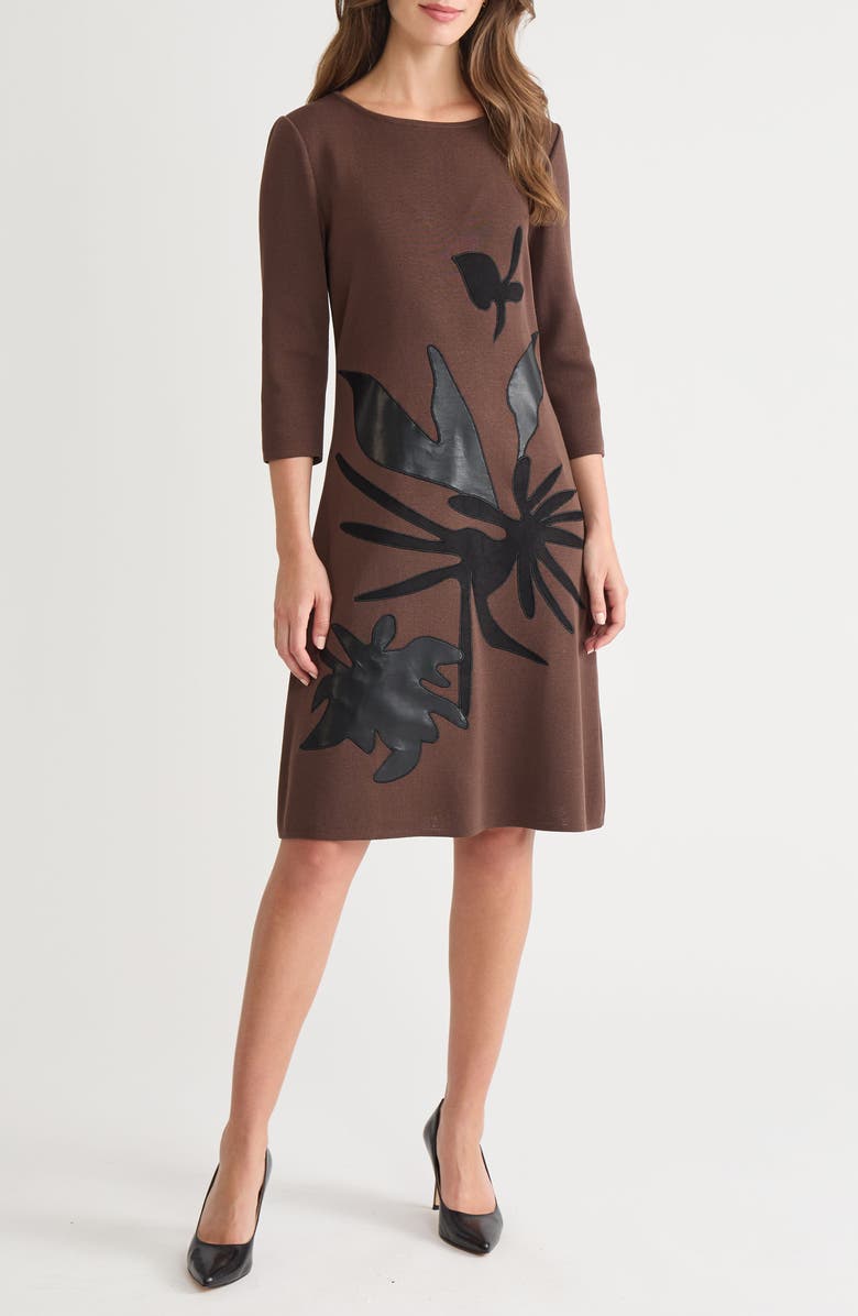 Ming Wang Botanical Appliqué Knit Shift Dress, Main, color, Dark Umber/ Black