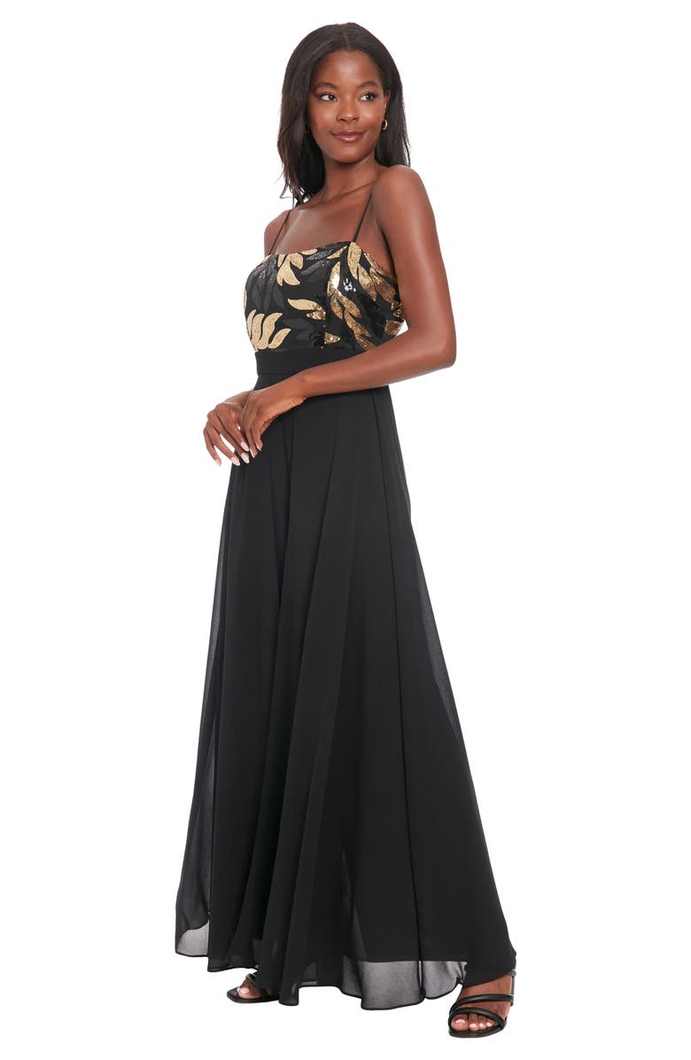 London Times Sequin Leaf Overlay Wide Leg Jumpsuit, Alternate, color, Black Gold
